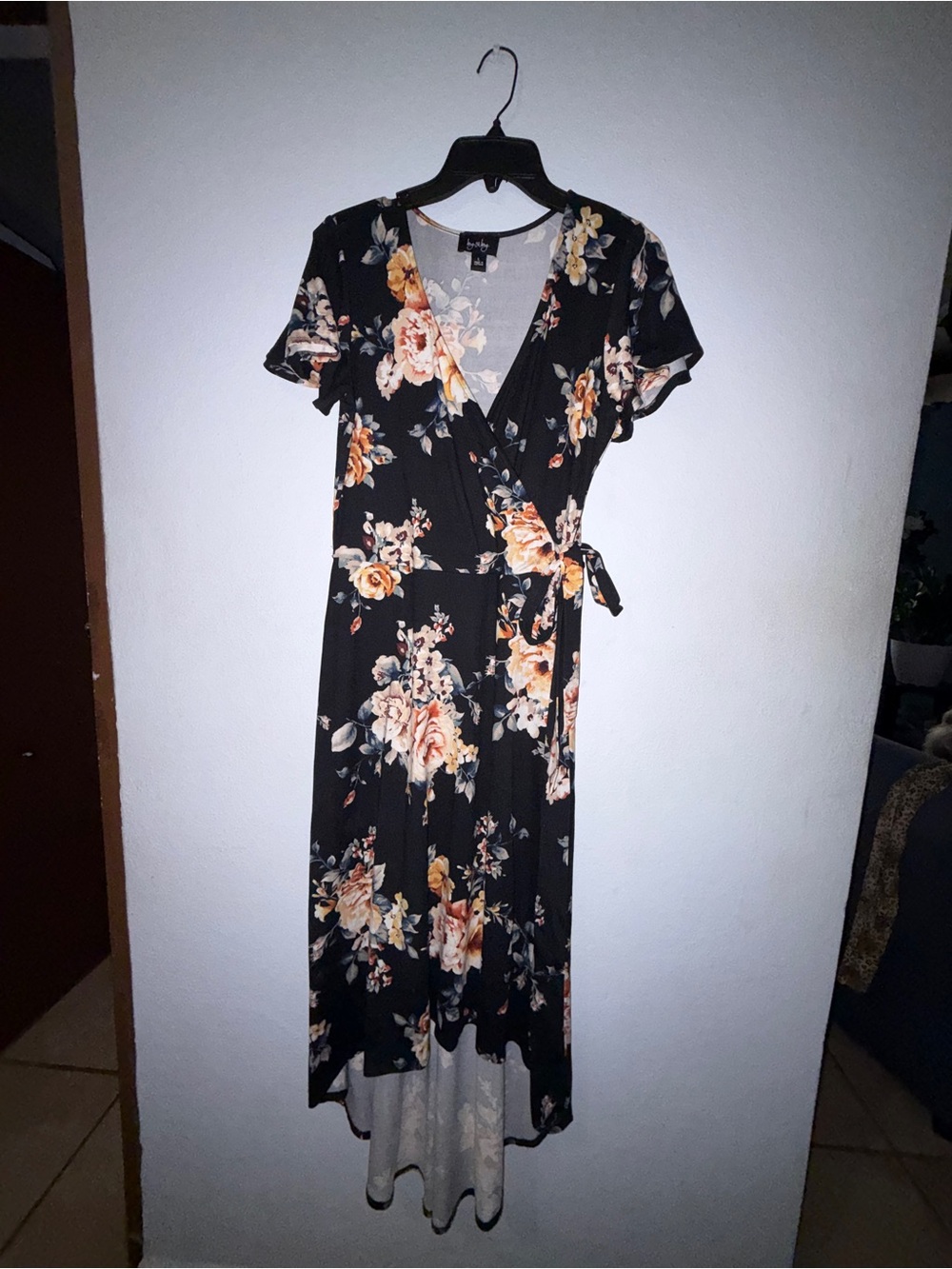 by & by Black Floral High-Low Wrap Dress with Peach Blooms